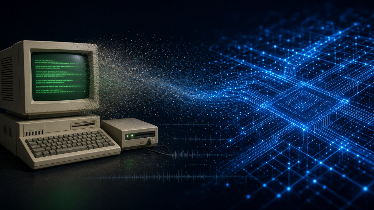 Vintage CRT computer terminal dissolving into a glowing modern GPU tensor-core grid in blue light.