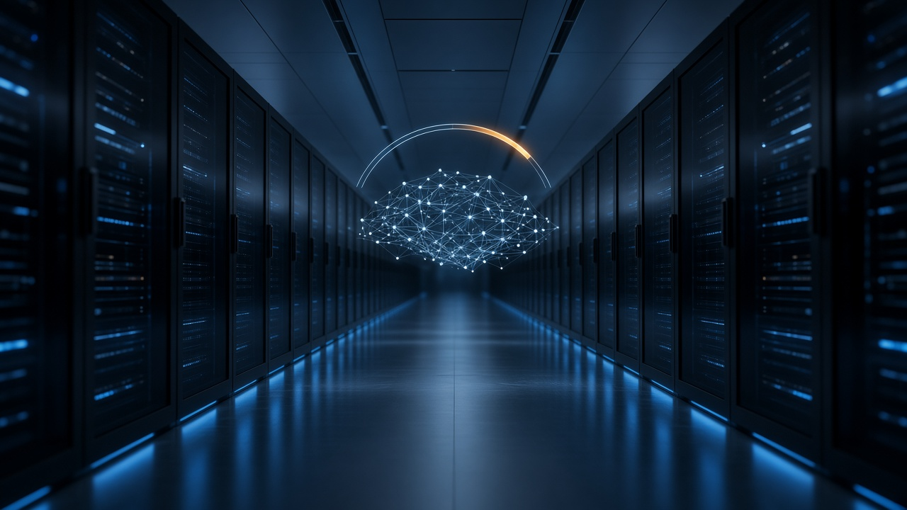 AI data center aisle with blue-lit GPU racks and a capacity arc glowing amber near its limit
