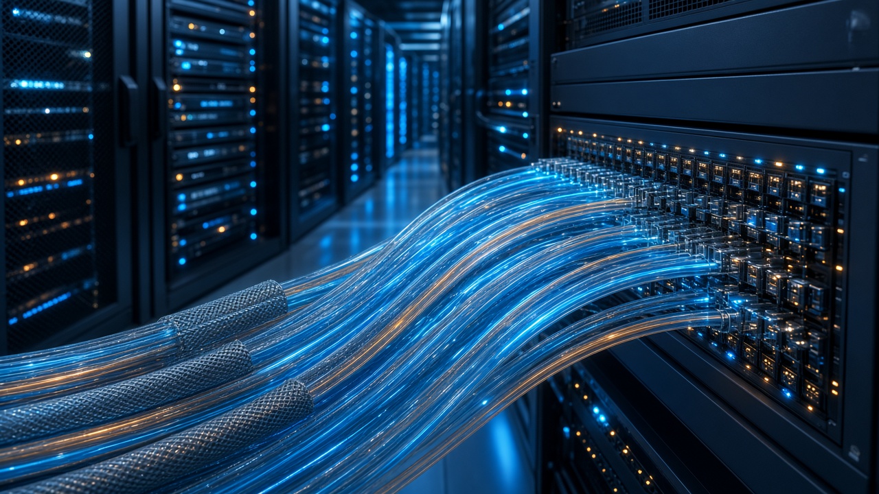 Bundled fiber optic cables glowing blue running into a high-density network switch in an AI data center aisle of GPU server racks
