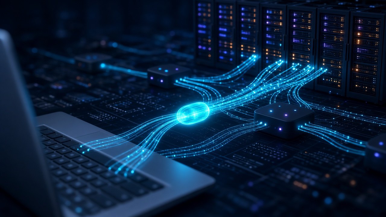 A glowing data packet travels along fiber paths from a laptop keyboard through network nodes to a GPU server cluster