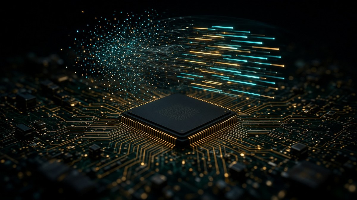 Close-up of a circuit board and processor chip with scattered points of light above it resolving into orderly lines, suggesting raw binary data being turned into structured code