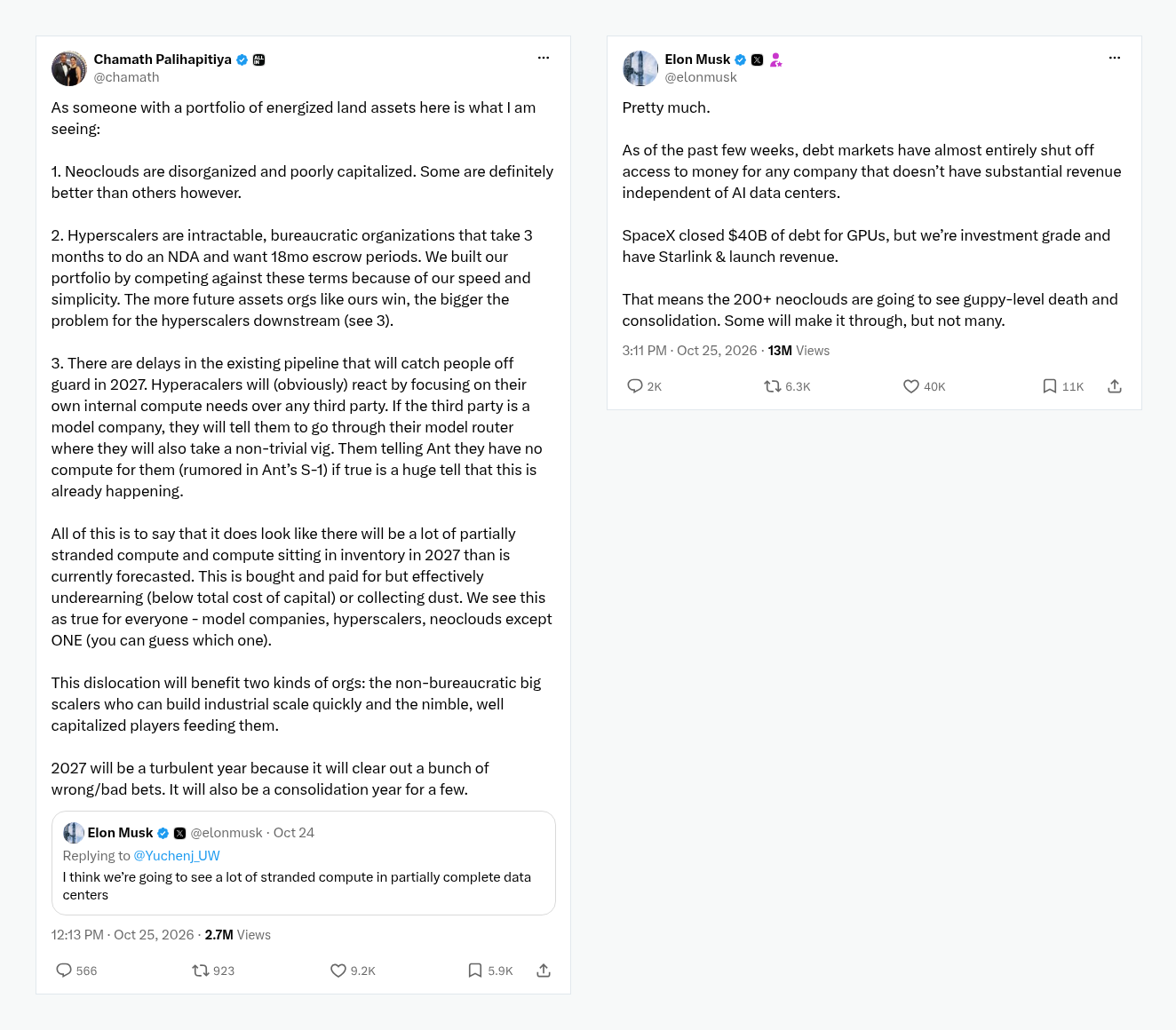 Screenshot of Chamath Palihapitiya's October 25, 2026 X post on stranded compute and Elon Musk's quote post warning that 200+ neoclouds face guppy-level death