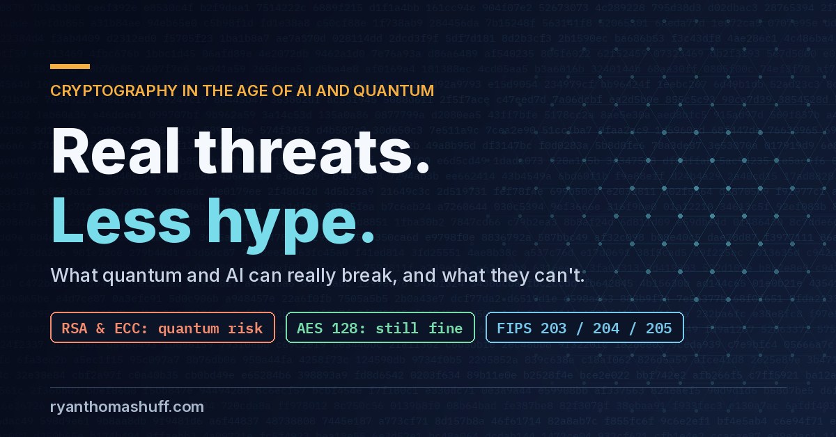 Text graphic on a dark navy background reading Cryptography in the age of AI and quantum. Real threats. Less hype. With labels RSA and ECC: quantum risk, AES 128: still fine, and FIPS 203, 204, 205, over faint hex ciphertext and a lattice dot pattern
