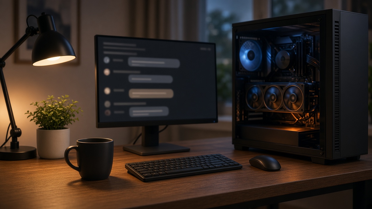 Home office desk at night with a glass-panel desktop PC and glowing graphics card next to a monitor showing a local AI chat interface